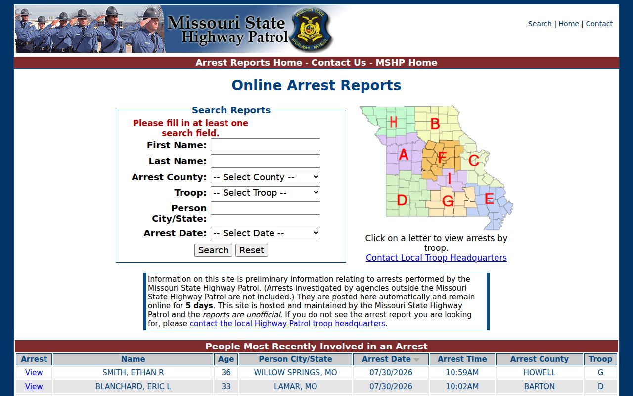 MSHP recent Nodaway County arrest reports search