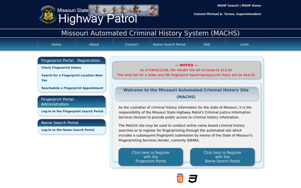 Nodaway County criminal history fingerprint registration portal